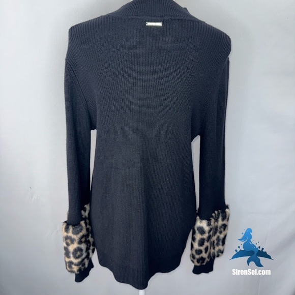 1126 Michael Kors Faux Fur Cuff Sweater Size L - Black/Leopard - Picture 8 of 14